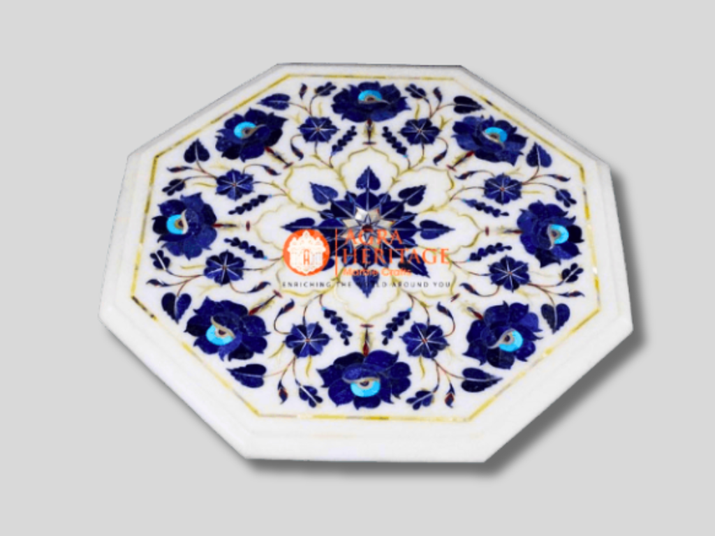 White Marble Pauashell Lapis Inlaid Art Coffee Table Top